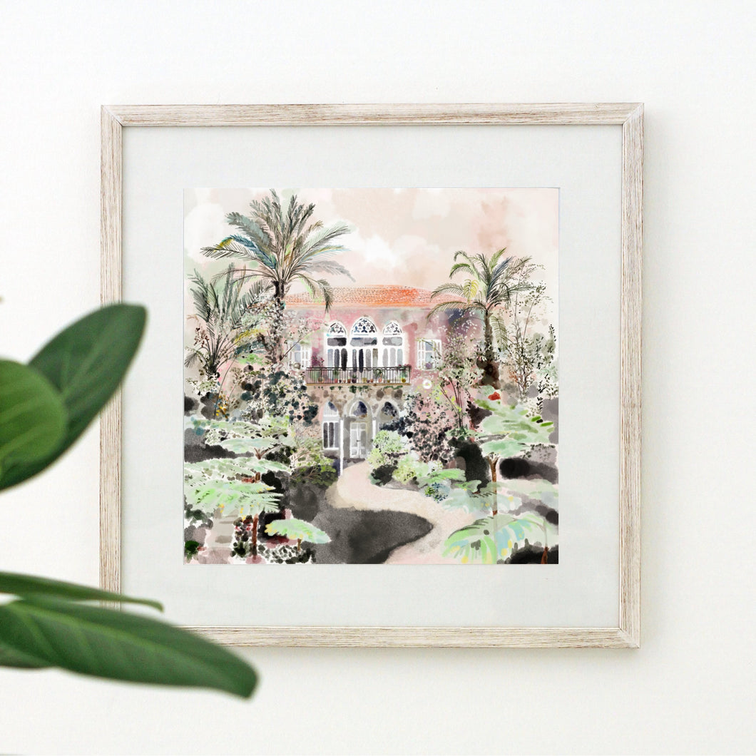 Traditional Lebanese House with Palm Trees - Unframed Giclée Print