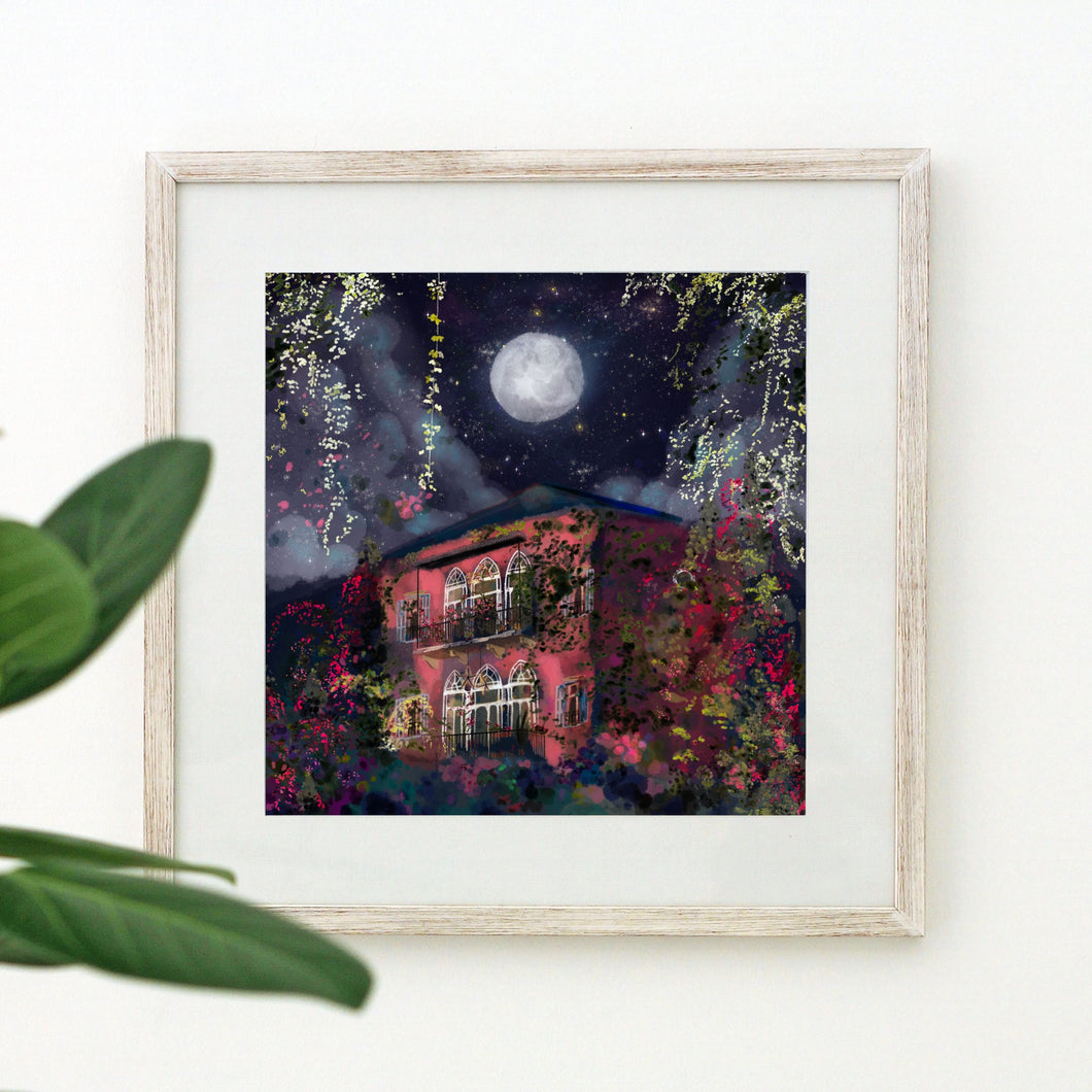 Quartz Pink Traditional Lebanese House with Full Moon - Unframed Giclée Print