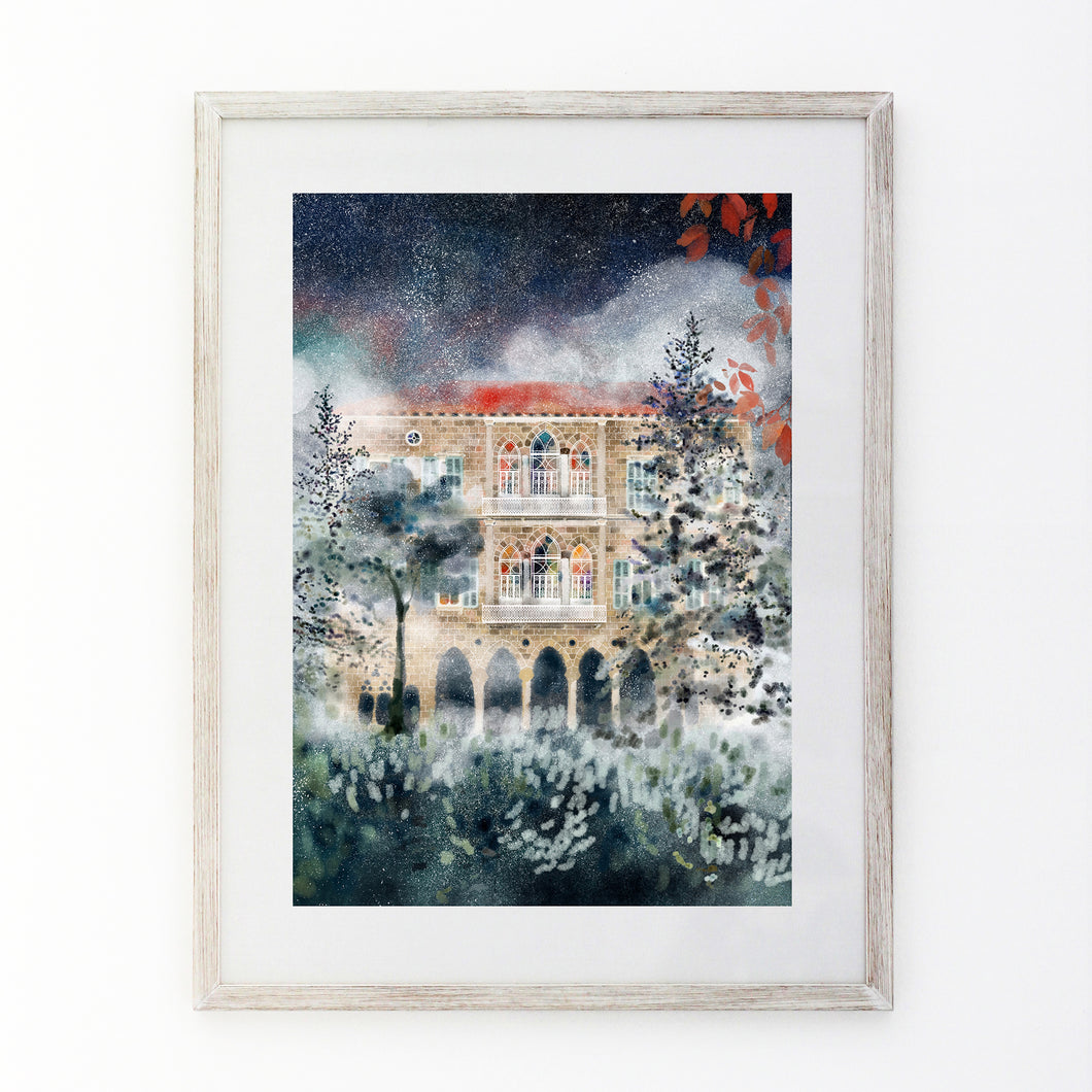 Winter Mist - Traditional Lebanese Mountain House - Unframed Giclée Print