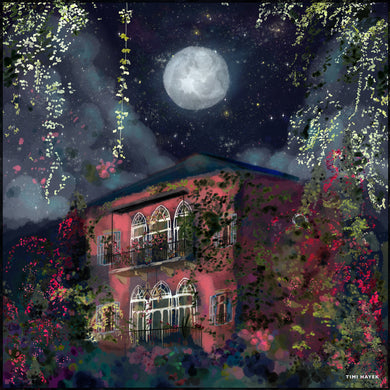Traditional Lebanese House with Full Moon  - Silk Scarf 60