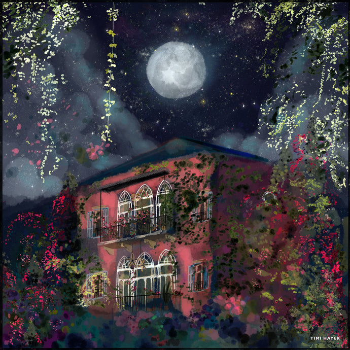 Traditional Lebanese House with Full Moon -Silk Scarf