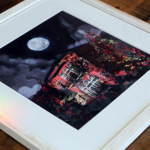 Quartz Pink Traditional Lebanese House with Full Moon - Unframed Giclée Print