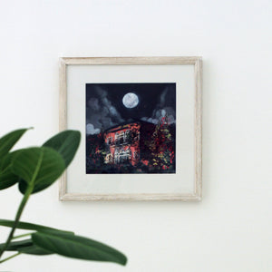 Quartz Pink Traditional Lebanese House with Full Moon - Unframed Giclée Print